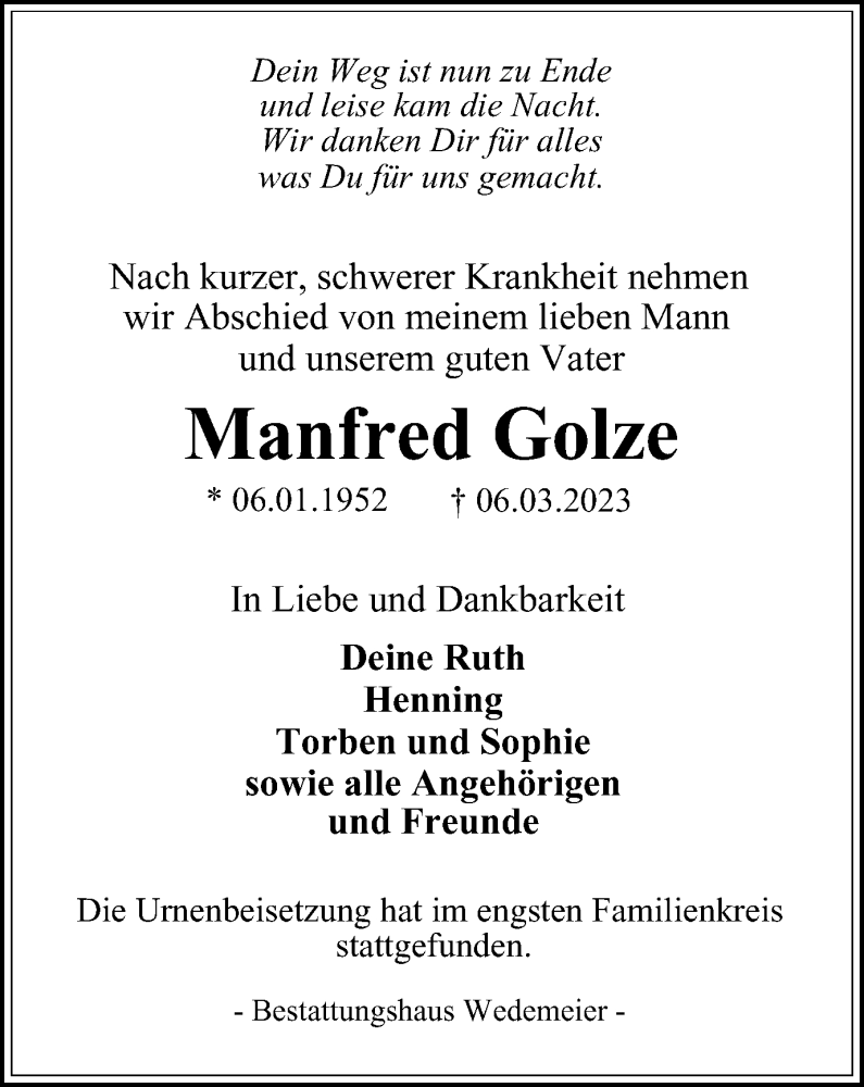  Traueranzeige für Manfred Golze vom 25.03.2023 aus Harz Kurier