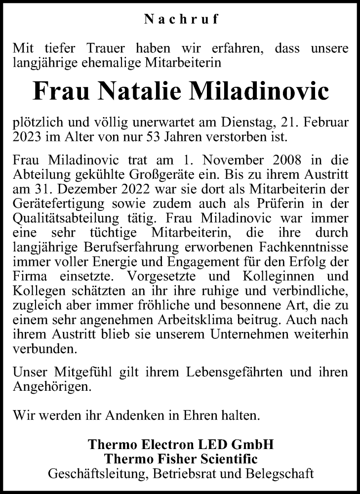  Traueranzeige für Natalie Miladinovic vom 04.03.2023 aus Harz Kurier