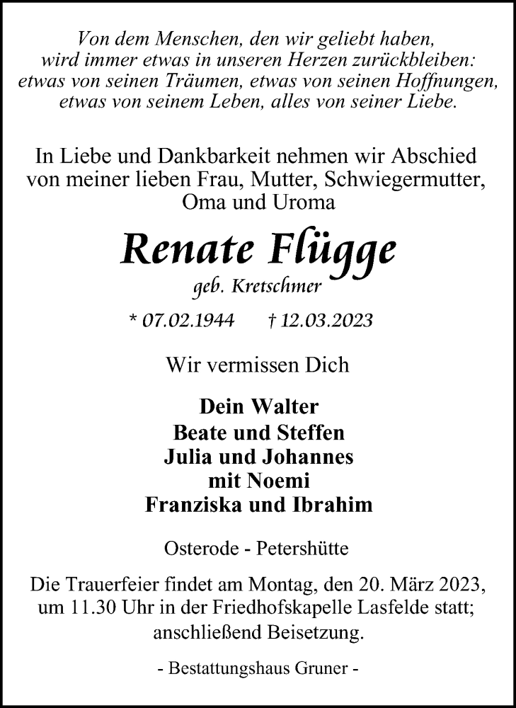 Traueranzeige für Renate Flügge vom 15.03.2023 aus Harz Kurier