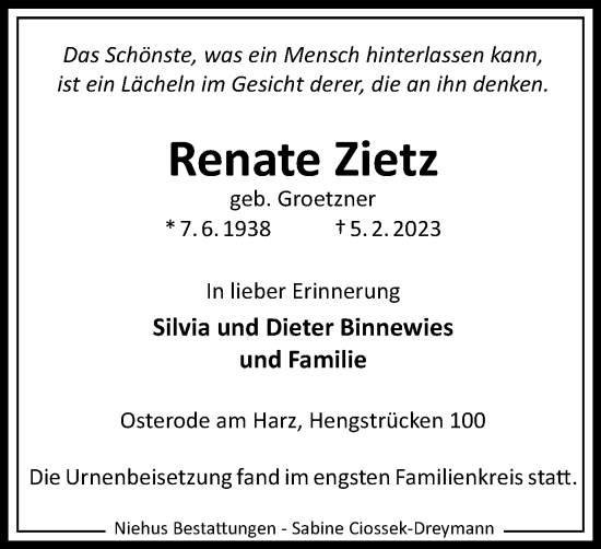Traueranzeige von Renate Zietz von Harz Kurier