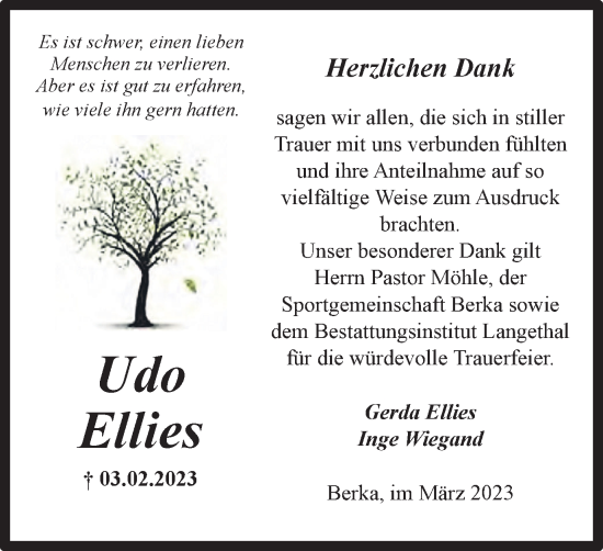 Traueranzeige von Udo Ellies von Harz Kurier
