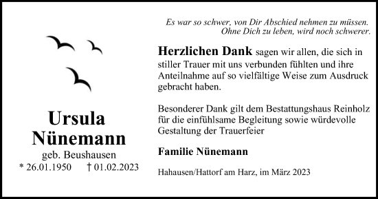 Traueranzeige von Ursula Nünemann von Harz Kurier
