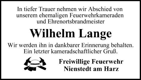 Traueranzeige von Wilhelm Lange von Harz Kurier