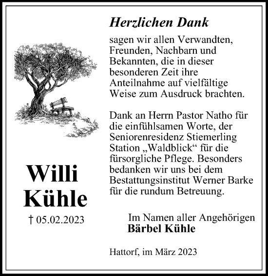 Traueranzeige von Willi Kühle von Harz Kurier