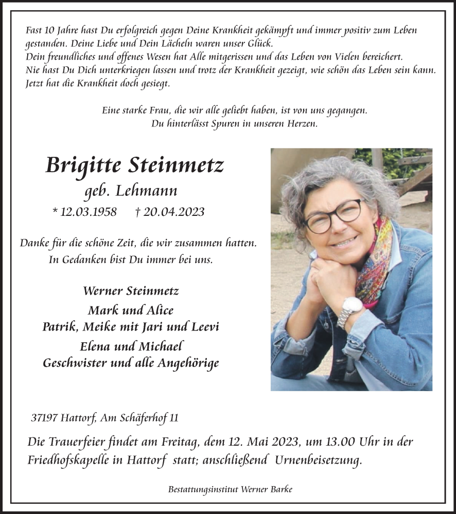  Traueranzeige für Brigitte Steinmetz vom 29.04.2023 aus Harz Kurier