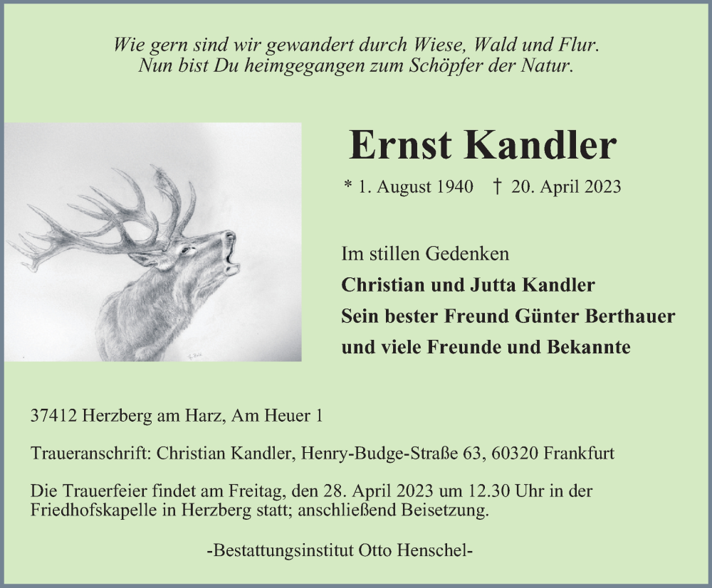  Traueranzeige für Ernst Kandler vom 25.04.2023 aus Harz Kurier