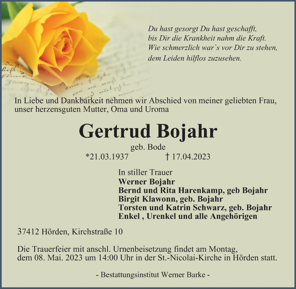  Traueranzeige für Gertrud Bojahr vom 29.04.2023 aus Harz Kurier