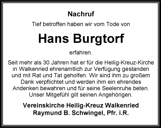 Traueranzeige von Hans Burgtorf von Harz Kurier