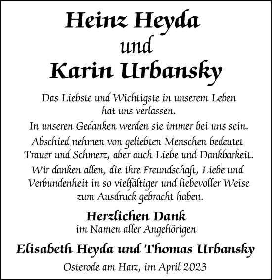 Traueranzeige von Heinz und Karin  von Harz Kurier