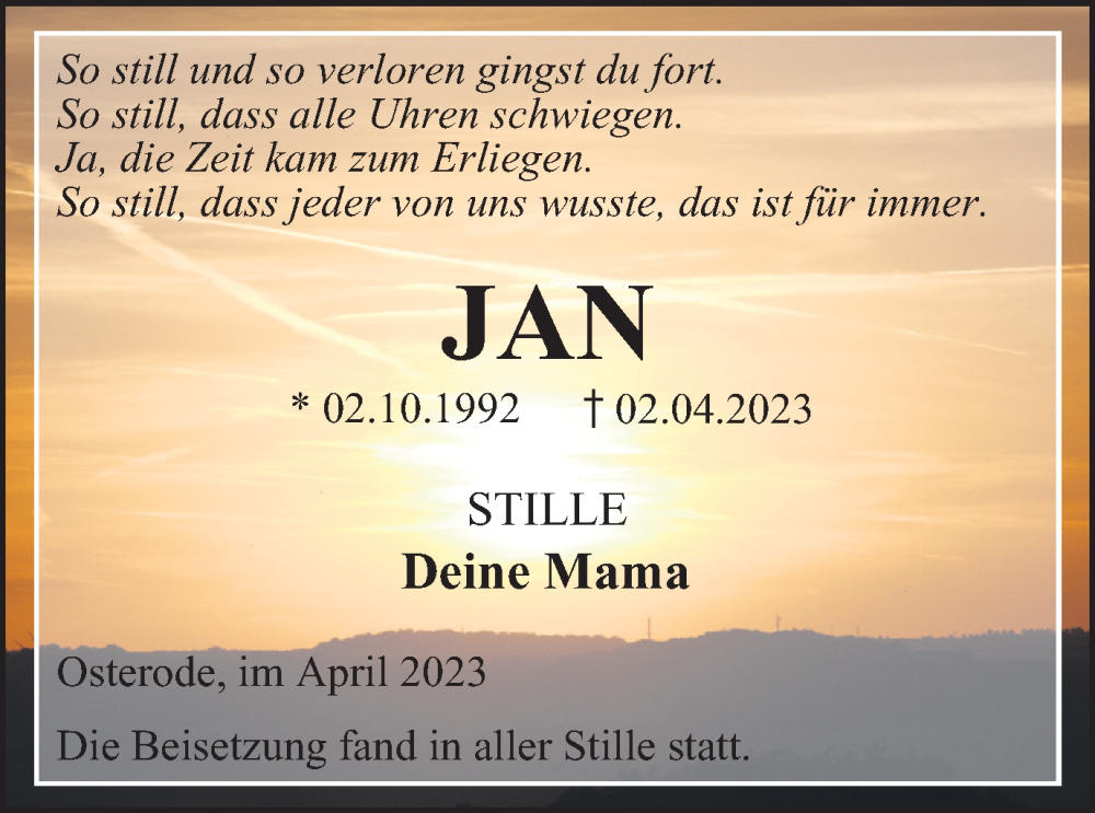  Traueranzeige für Jan  vom 29.04.2023 aus Harz Kurier