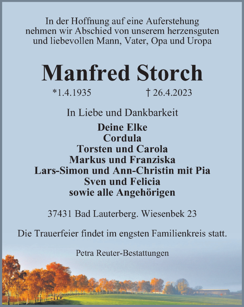  Traueranzeige für Manfred Storch vom 29.04.2023 aus Harz Kurier