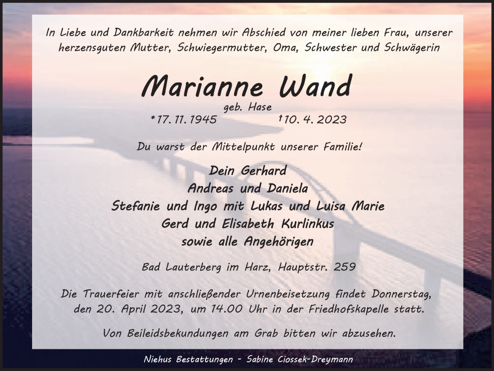  Traueranzeige für Marianne Wand vom 15.04.2023 aus Harz Kurier