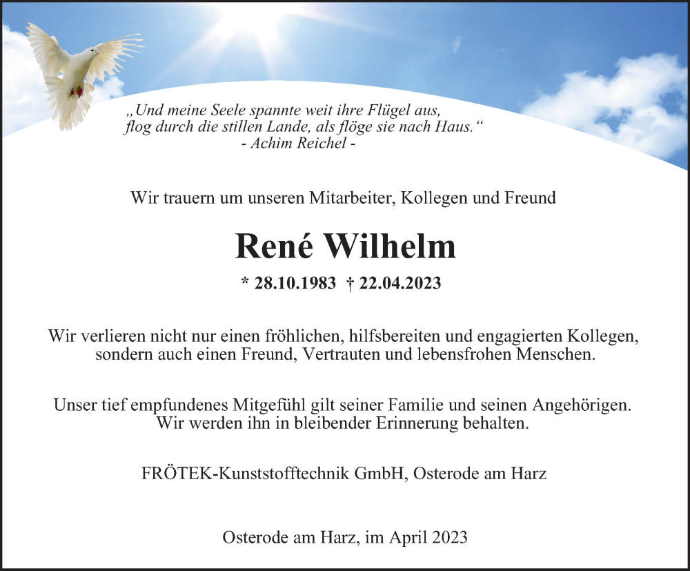  Traueranzeige für Rene Wilhelm vom 29.04.2023 aus Harz Kurier