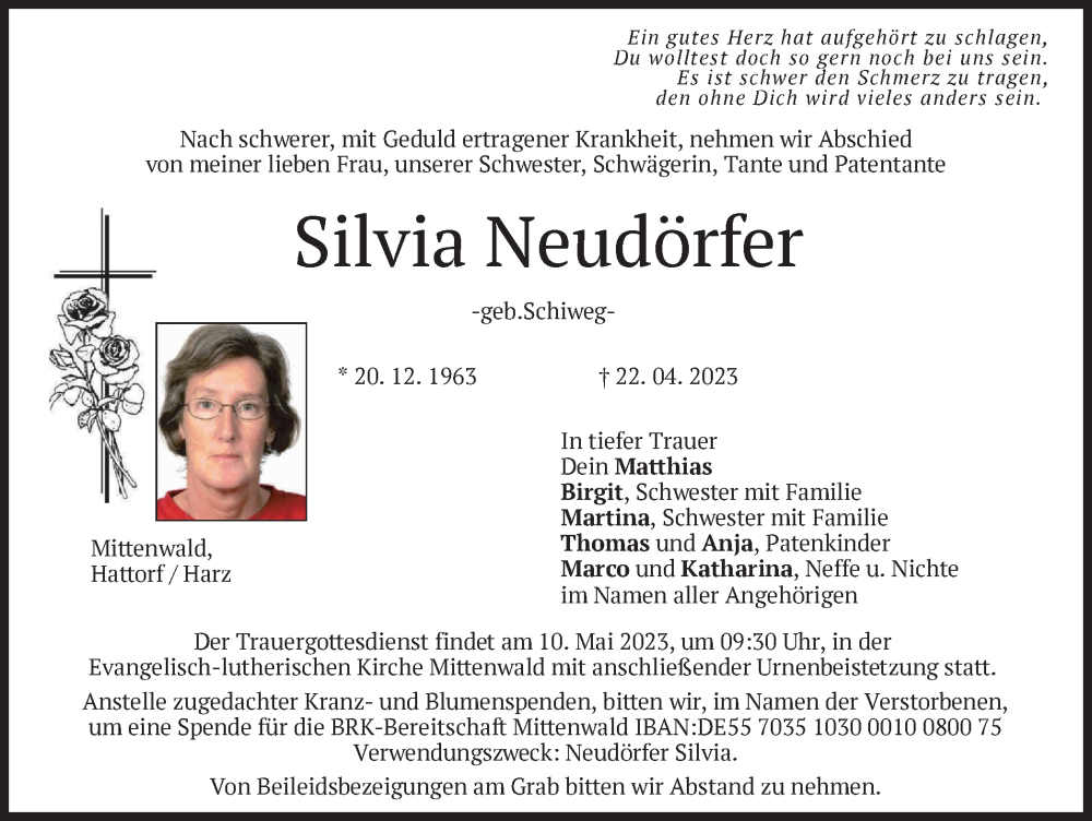  Traueranzeige für Silvia Neudörfer vom 29.04.2023 aus Harz Kurier