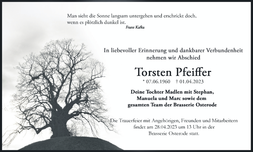  Traueranzeige für Torsten Pfeiffer vom 24.04.2023 aus Harz Kurier