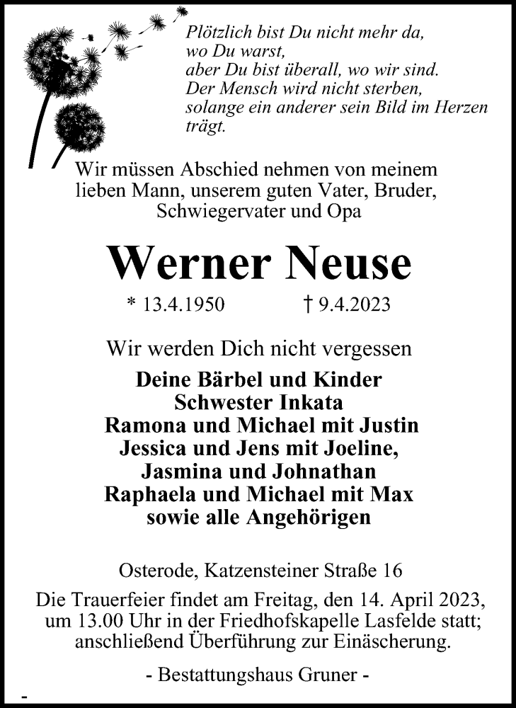  Traueranzeige für Werner Neuse vom 12.04.2023 aus Harz Kurier