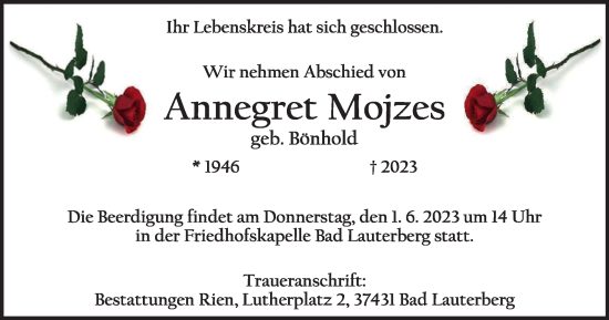 Traueranzeige von Annegret Mojzes von Harz Kurier