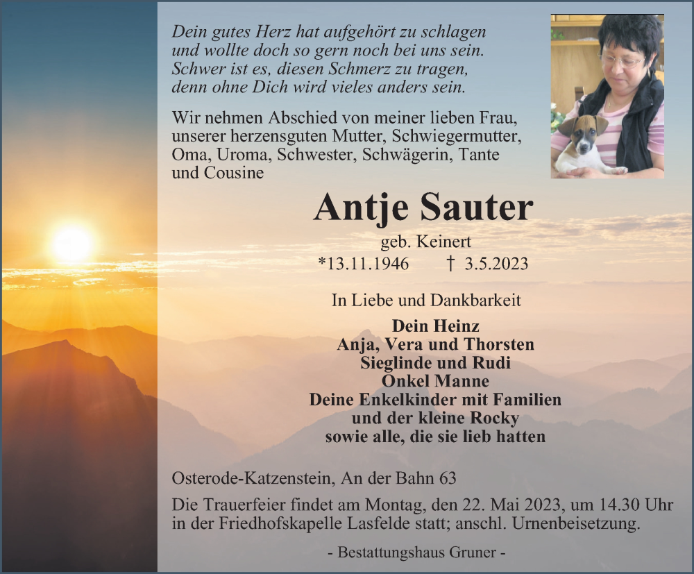  Traueranzeige für Antje Sauter vom 13.05.2023 aus Harz Kurier
