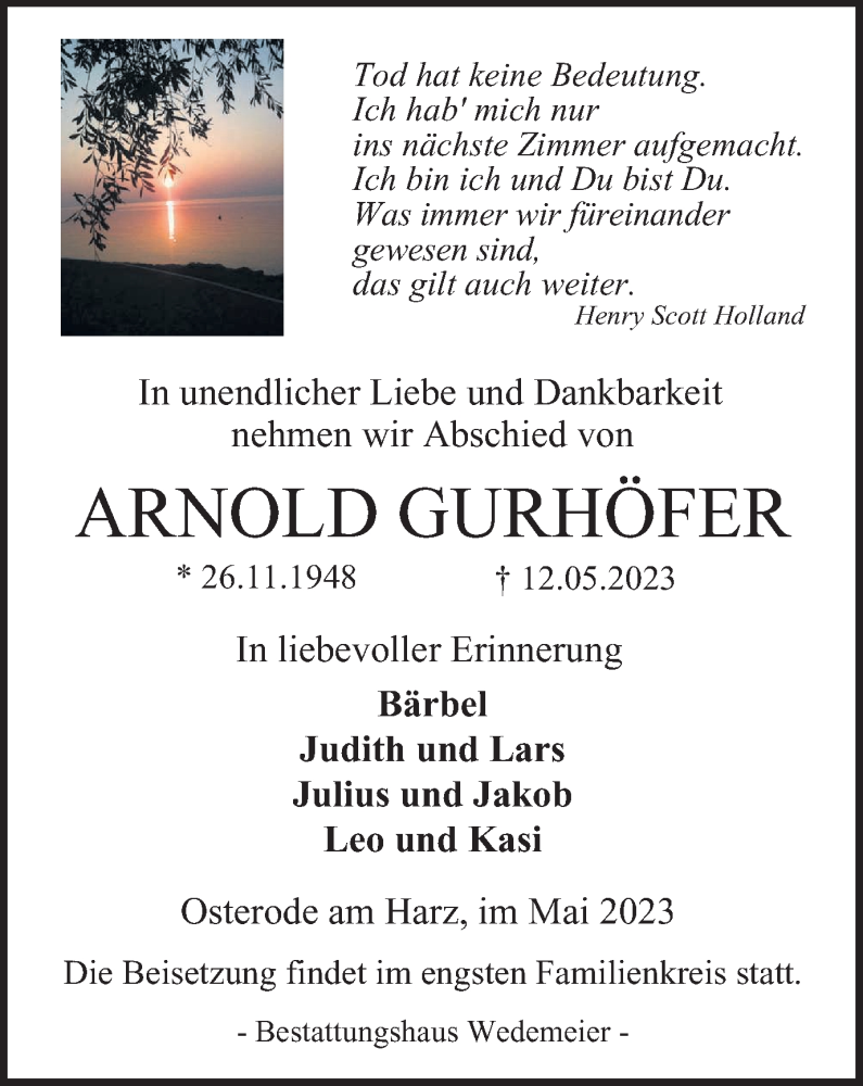  Traueranzeige für Arnold Gurhöfer vom 24.05.2023 aus Harz Kurier