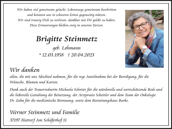 Traueranzeige von Brigitte Steinmetz von Harz Kurier