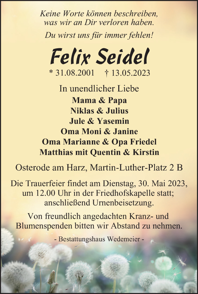 Traueranzeige für Felix Seidel vom 25.05.2023 aus Harz Kurier