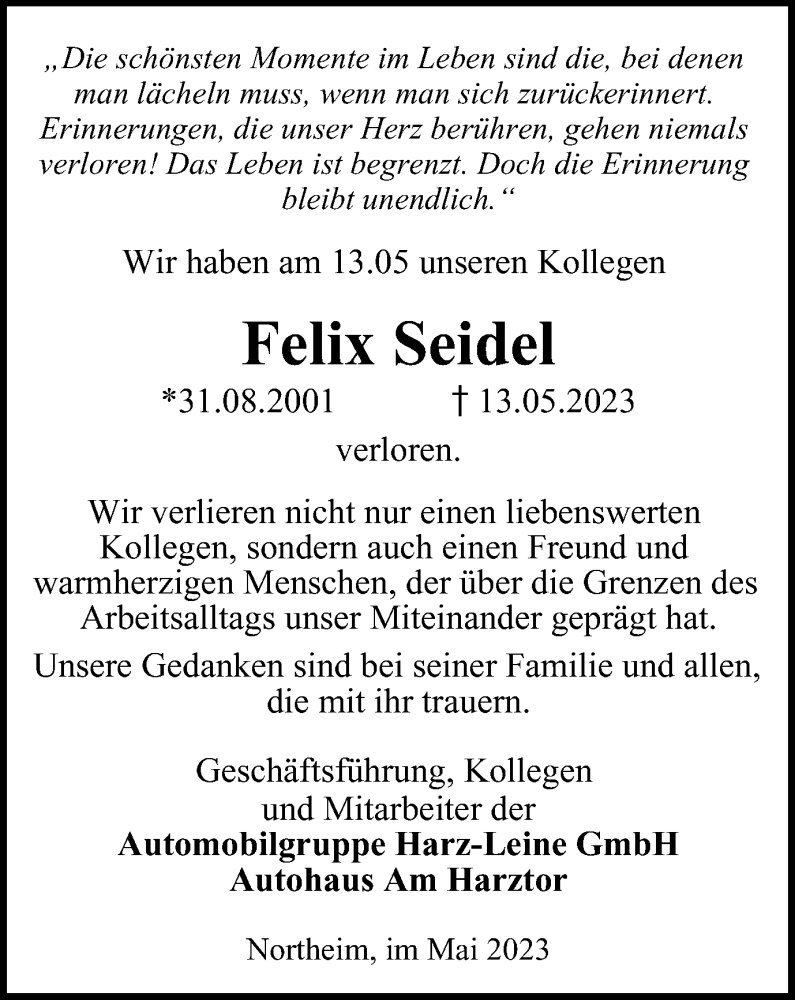  Traueranzeige für Felix Seidel vom 27.05.2023 aus Harz Kurier