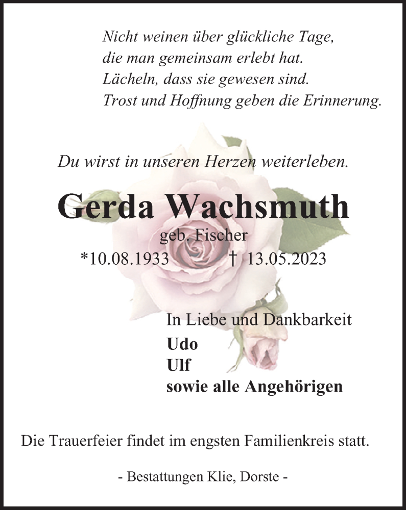  Traueranzeige für Gerda Wachsmuth vom 20.05.2023 aus Harz Kurier