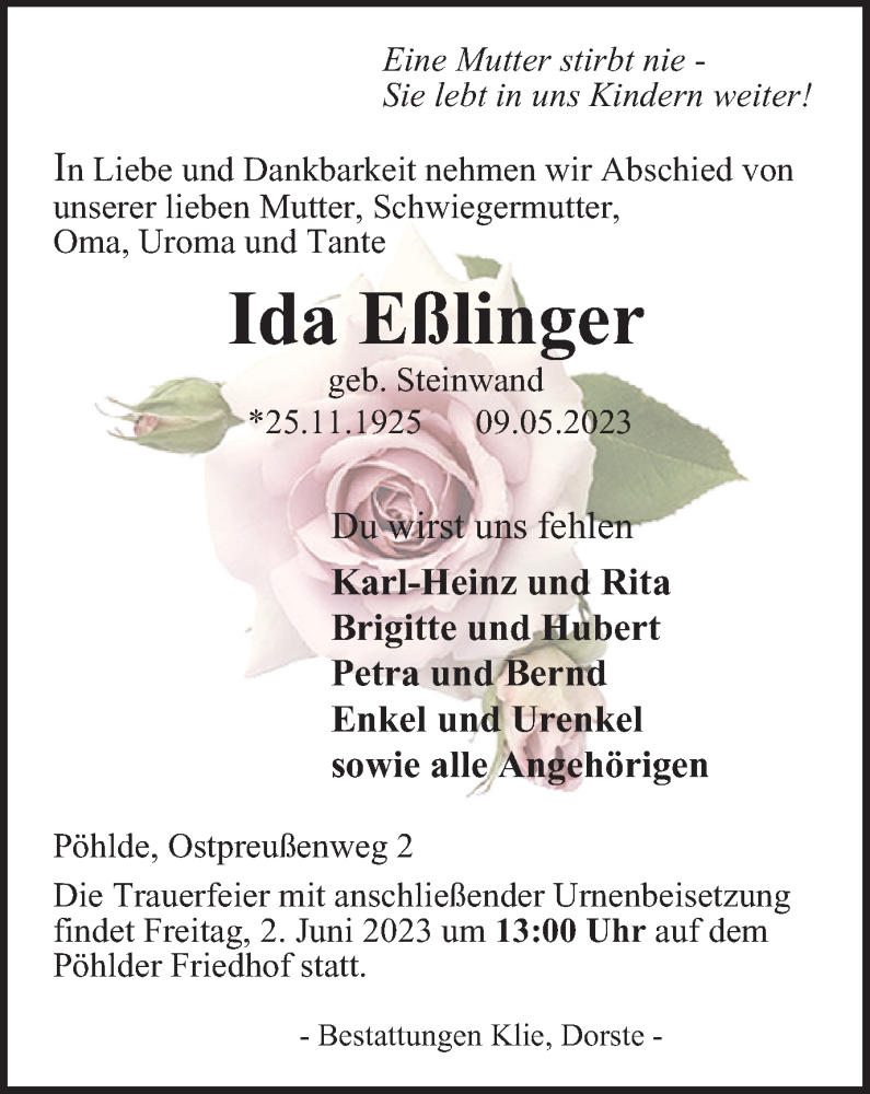  Traueranzeige für Ida Eßlinger vom 27.05.2023 aus Harz Kurier