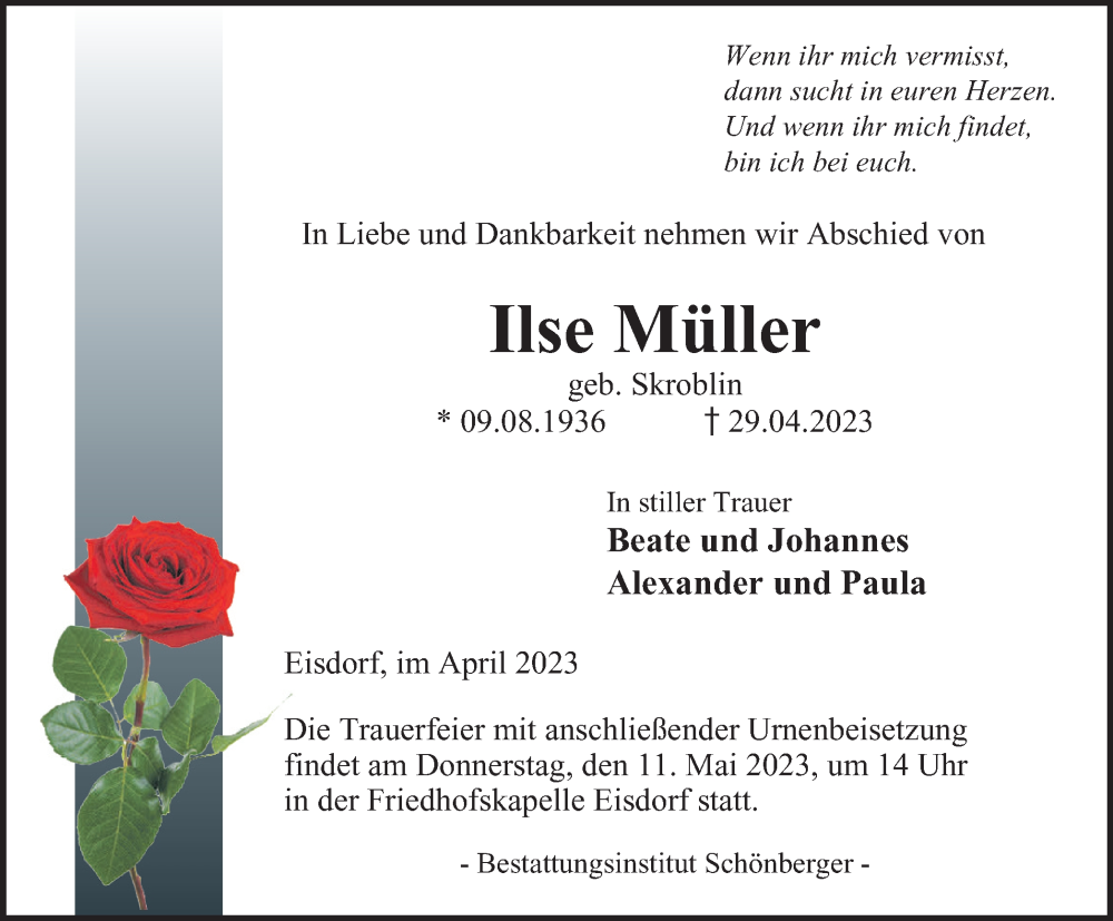  Traueranzeige für Ilse Müller vom 06.05.2023 aus Harz Kurier