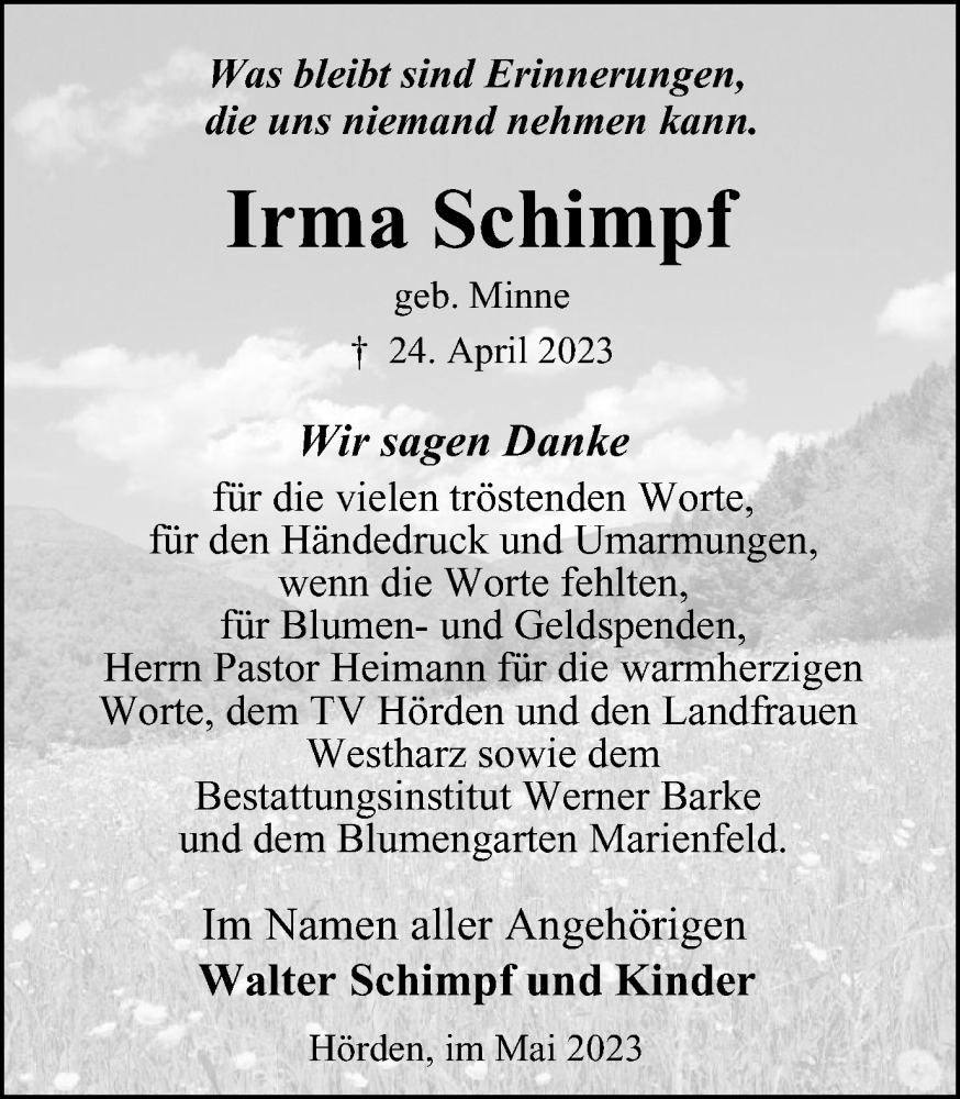  Traueranzeige für Irma Schimpf vom 27.05.2023 aus Harz Kurier