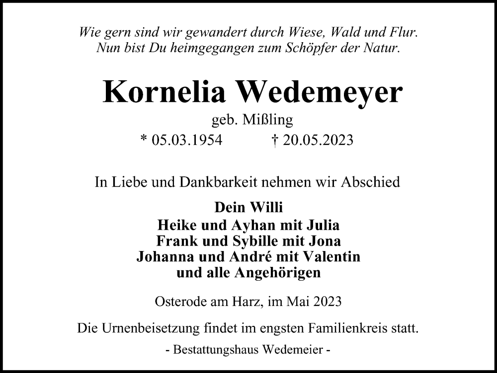  Traueranzeige für Kornelia Wedemeyer vom 27.05.2023 aus Harz Kurier