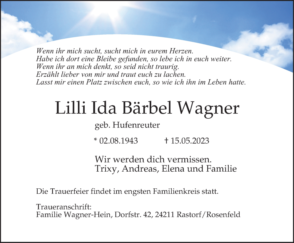  Traueranzeige für Lilli Ida Bärbel Wagner vom 27.05.2023 aus Harz Kurier