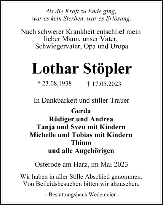 Traueranzeige von Lothar Stöpler von Harz Kurier