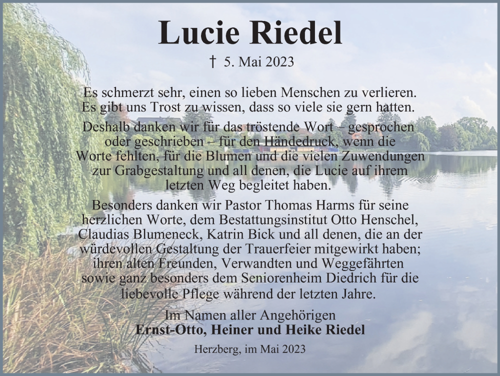  Traueranzeige für Lucie Riedel vom 27.05.2023 aus Harz Kurier