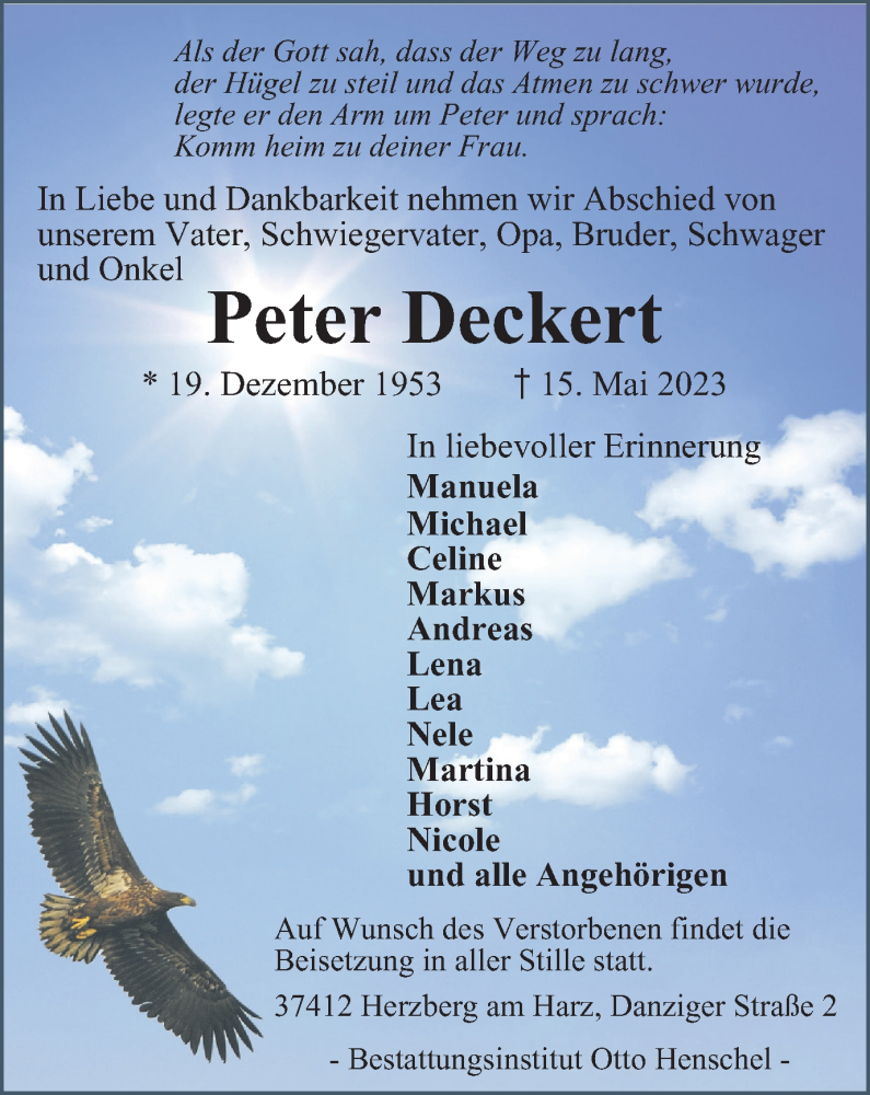  Traueranzeige für Peter Deckert vom 20.05.2023 aus Harz Kurier