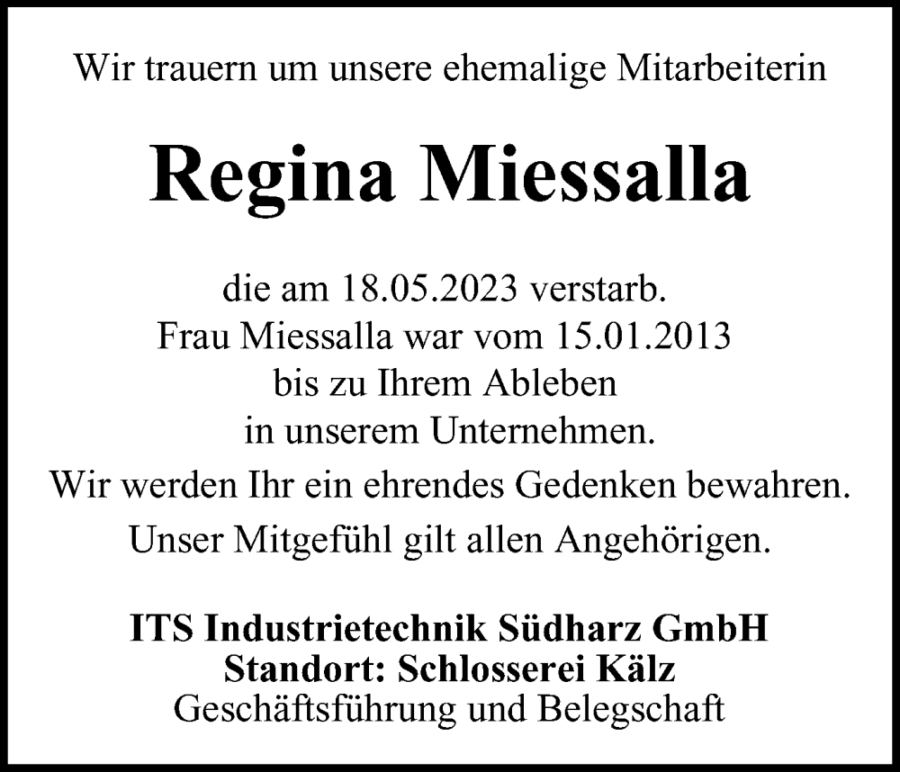  Traueranzeige für Regina Miessalla vom 23.05.2023 aus Harz Kurier