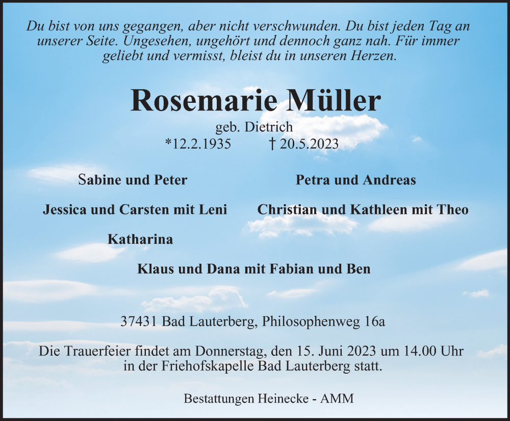  Traueranzeige für Rosemarie Müller vom 25.05.2023 aus Harz Kurier