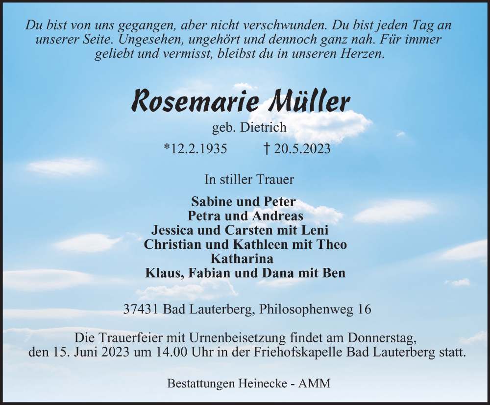  Traueranzeige für Rosemarie Müller vom 27.05.2023 aus Harz Kurier