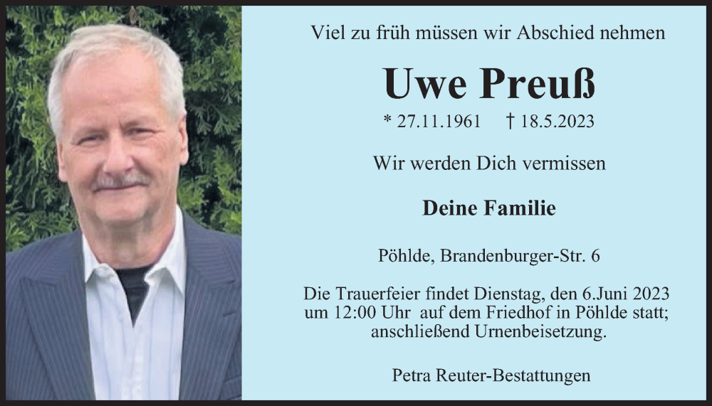  Traueranzeige für Uwe Preuß vom 27.05.2023 aus Harz Kurier