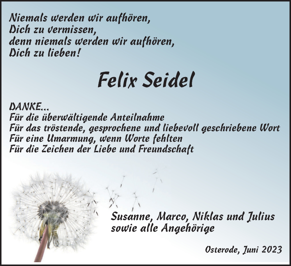  Traueranzeige für Felix Seidel vom 17.06.2023 aus Harz Kurier