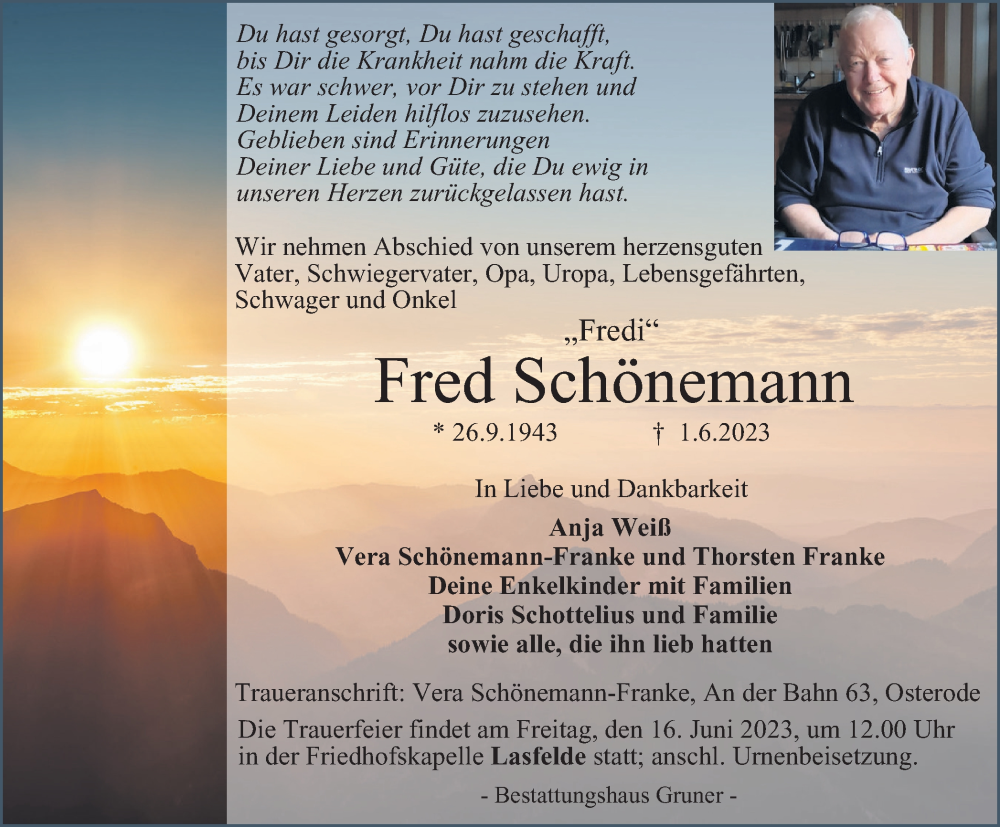  Traueranzeige für Fred Schönemann vom 10.06.2023 aus Harz Kurier