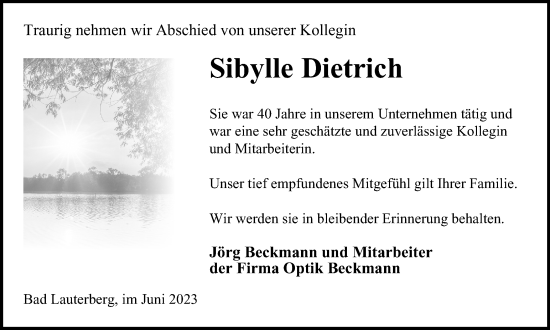 Traueranzeige von Sibylle Dietrich von Harz Kurier