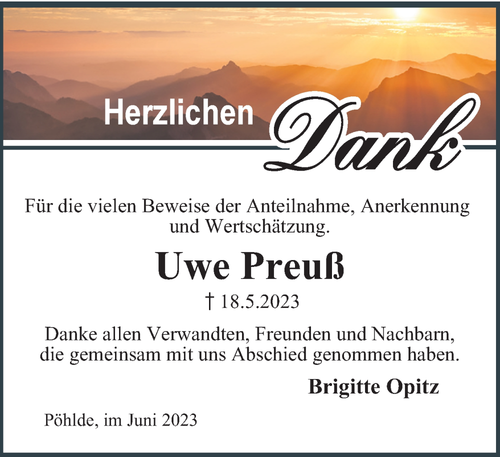  Traueranzeige für Uwe Preuß vom 24.06.2023 aus Harz Kurier