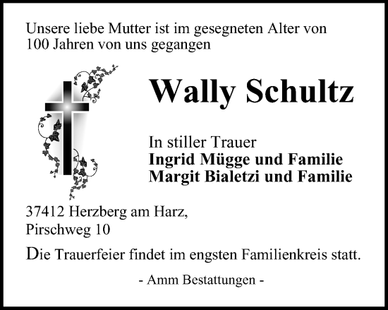 Traueranzeige von Wally Schultz von Harz Kurier