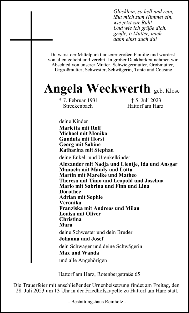  Traueranzeige für Angela Weckwerth vom 15.07.2023 aus Harz Kurier