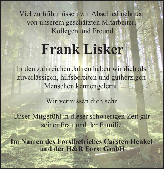 Traueranzeige von Frank Lisker von Harz Kurier