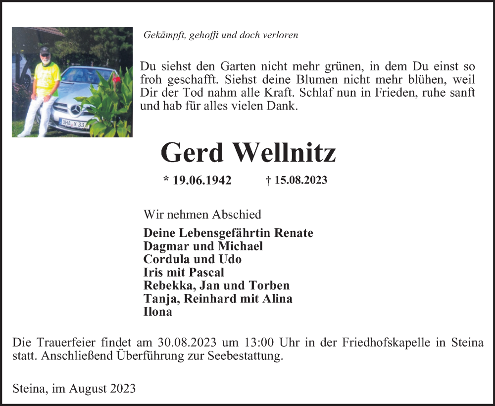 Traueranzeige für Gerd Wellnitz vom 23.08.2023 aus Harz Kurier