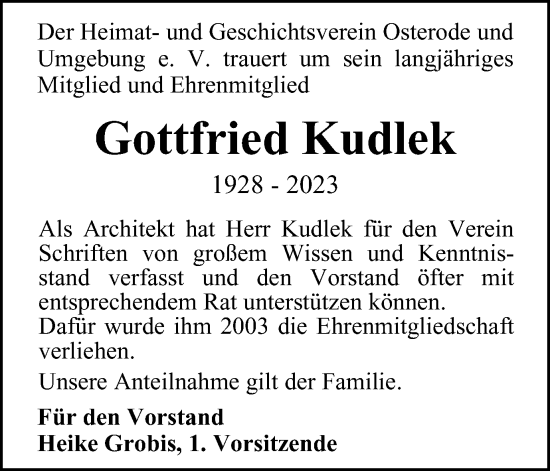 Traueranzeige von Gottfried Kudlek von Harz Kurier