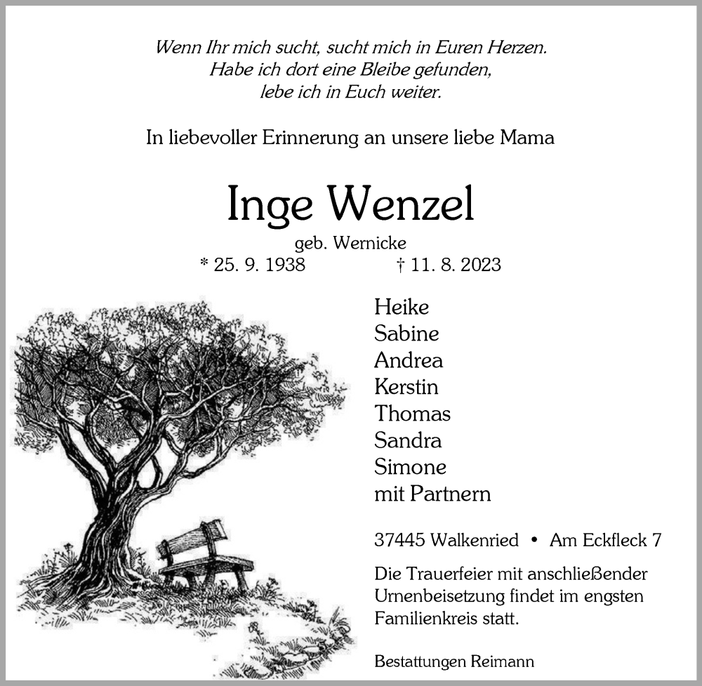  Traueranzeige für Inge Wenzel vom 19.08.2023 aus Harz Kurier