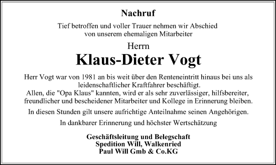 Traueranzeige von Klaus-Dieter Vogt von Harz Kurier